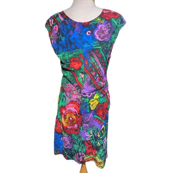 Jams World Black Colorful Floral Scratch Art Cap Sleeve V-Neck Sun Dress Sz S - Picture 3 of 4